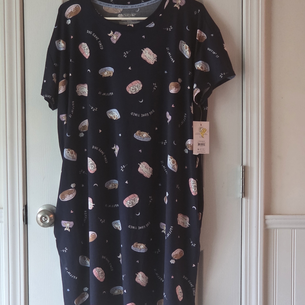 Black Printed Short Sleeve Nightshirt - Women’s Pajama Dress